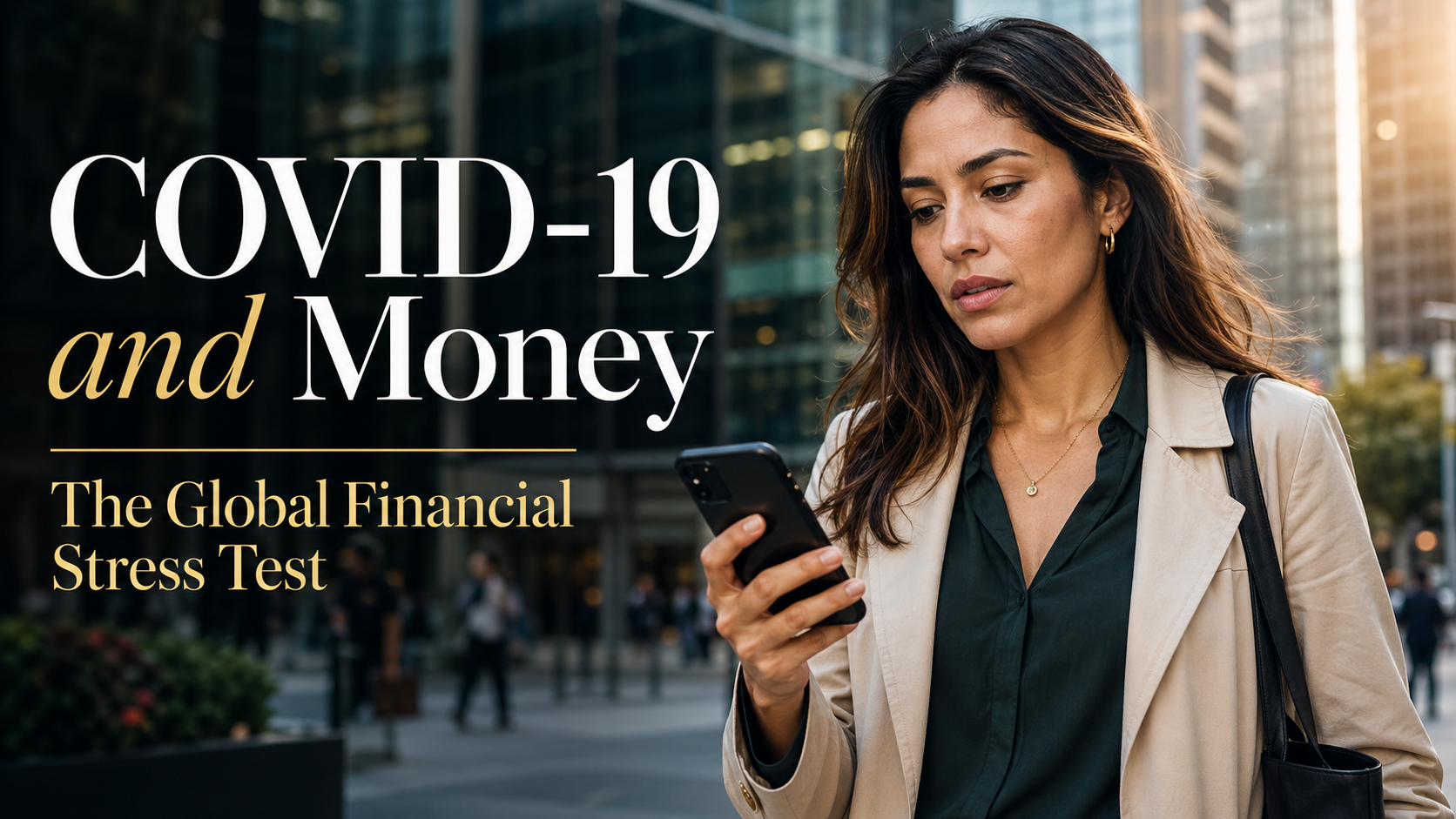 Latina-American woman looking at her phone in a city setting beside the title about COVID-19 and its global financial stress test