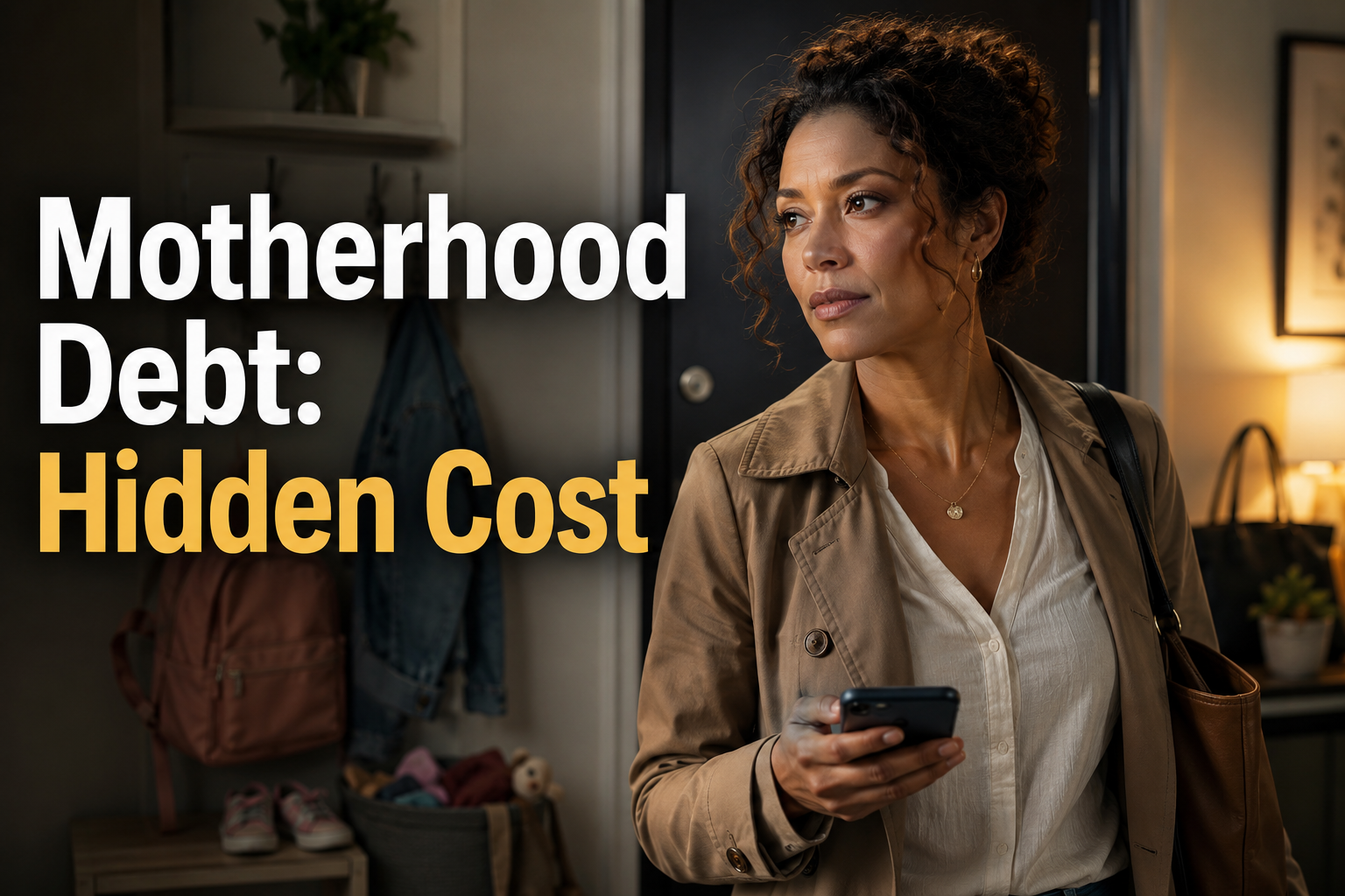 Mixed-race American woman in a quiet apartment entryway, reflecting on motherhood, career breaks, and credit card debt.
