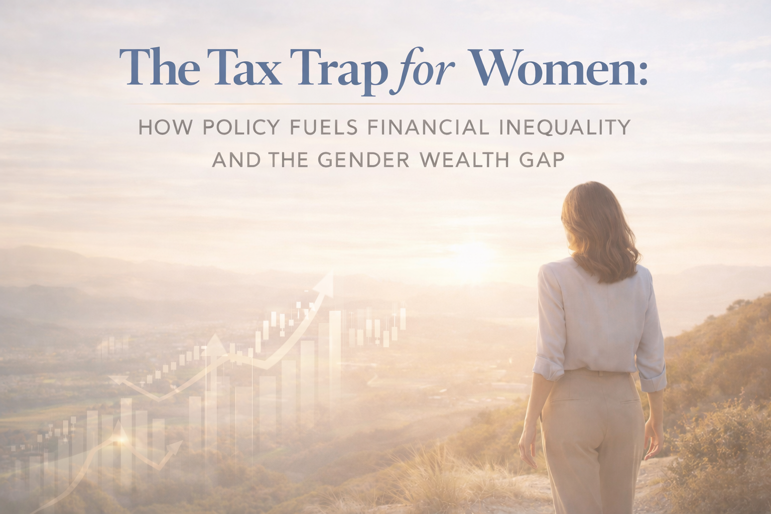 Elegant woman overlooking a sunlit landscape at golden hour, with editorial headline text about women’s financial inequality and the gender wealth gap.