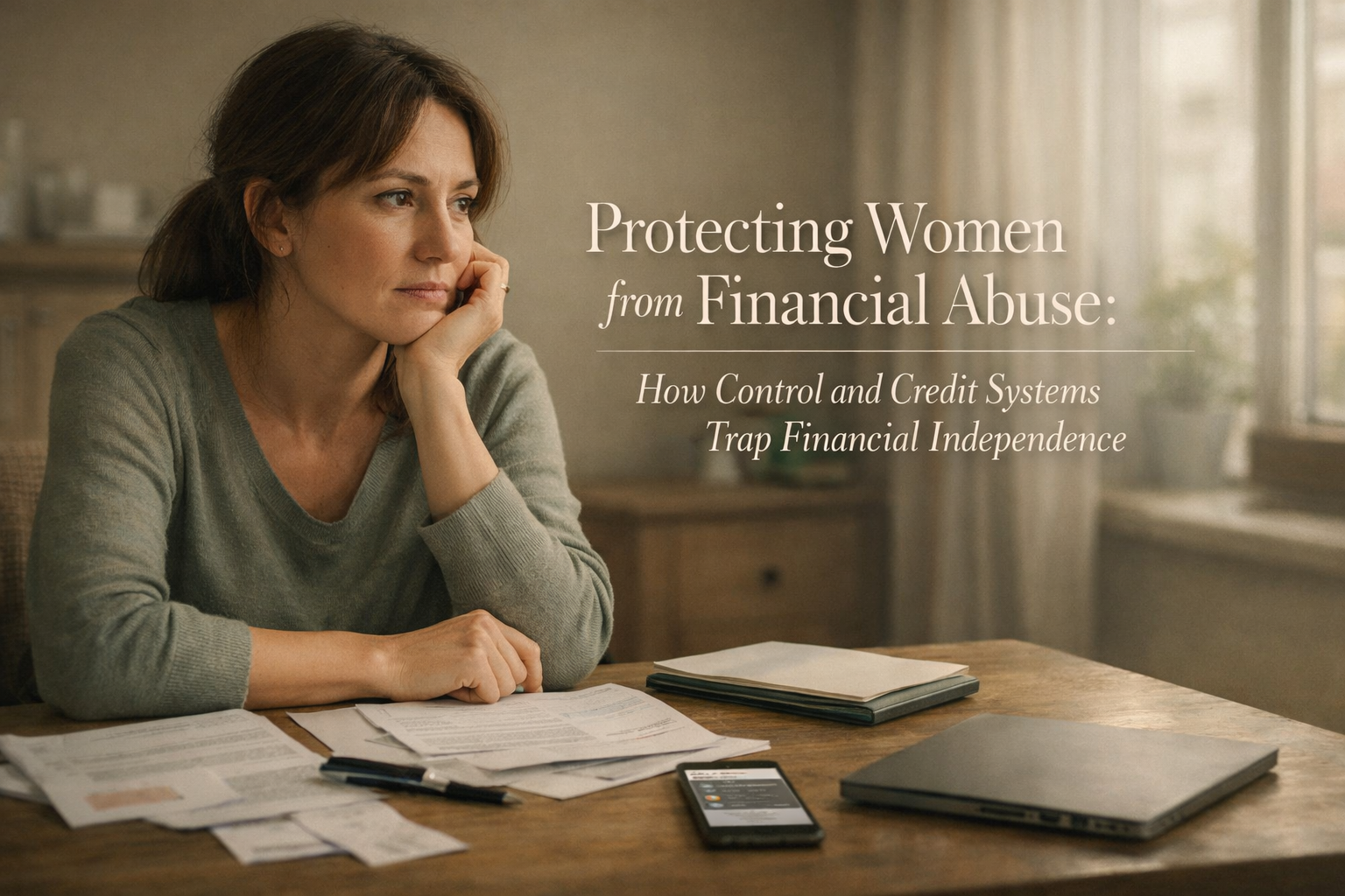 Woman reviewing bills and credit documents at home, showing quiet financial pressure and the hidden loss of financial independence.