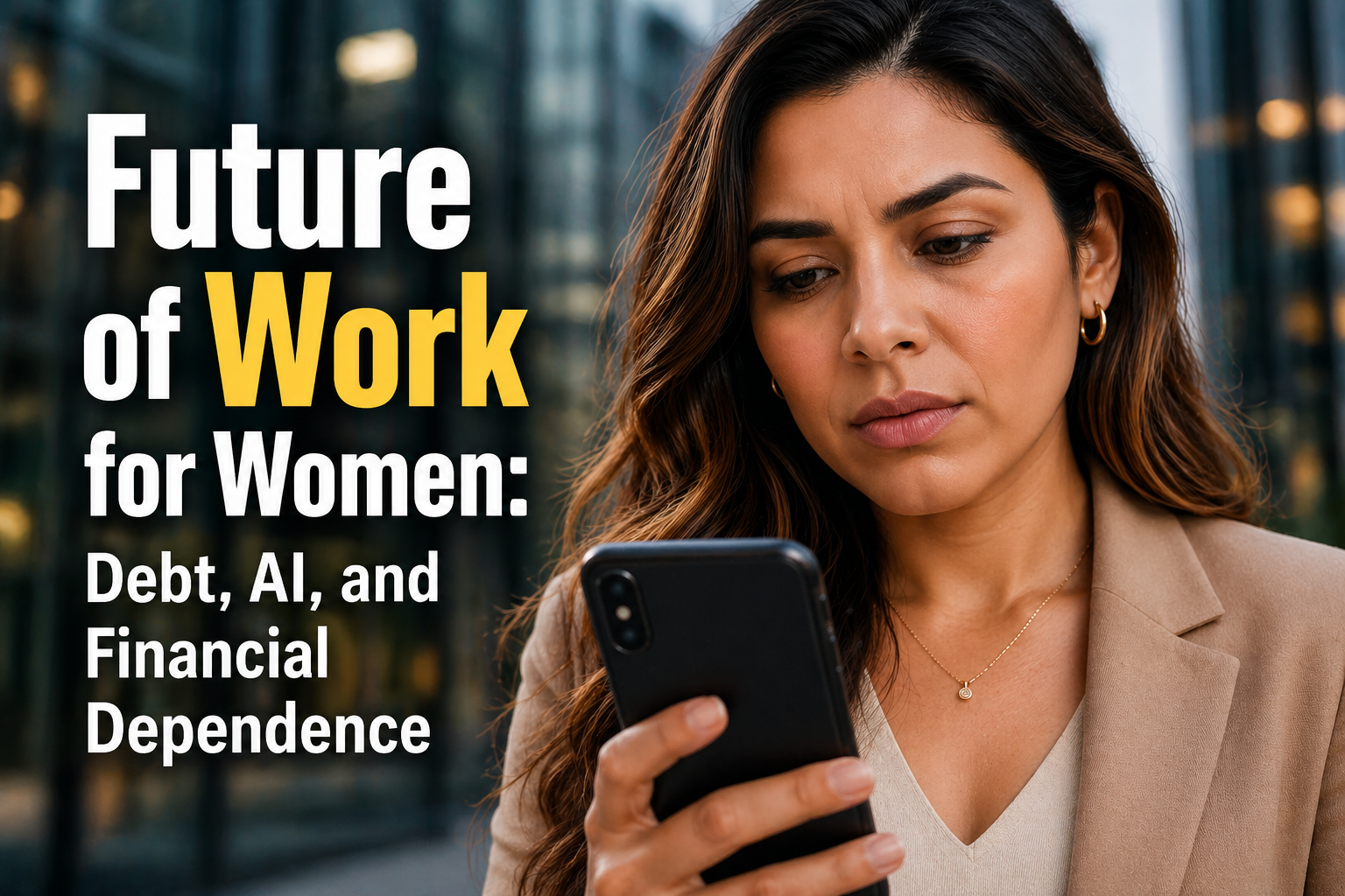 Future of work for women: professional reflects on AI, debt, and financial independence using smartphone in modern city