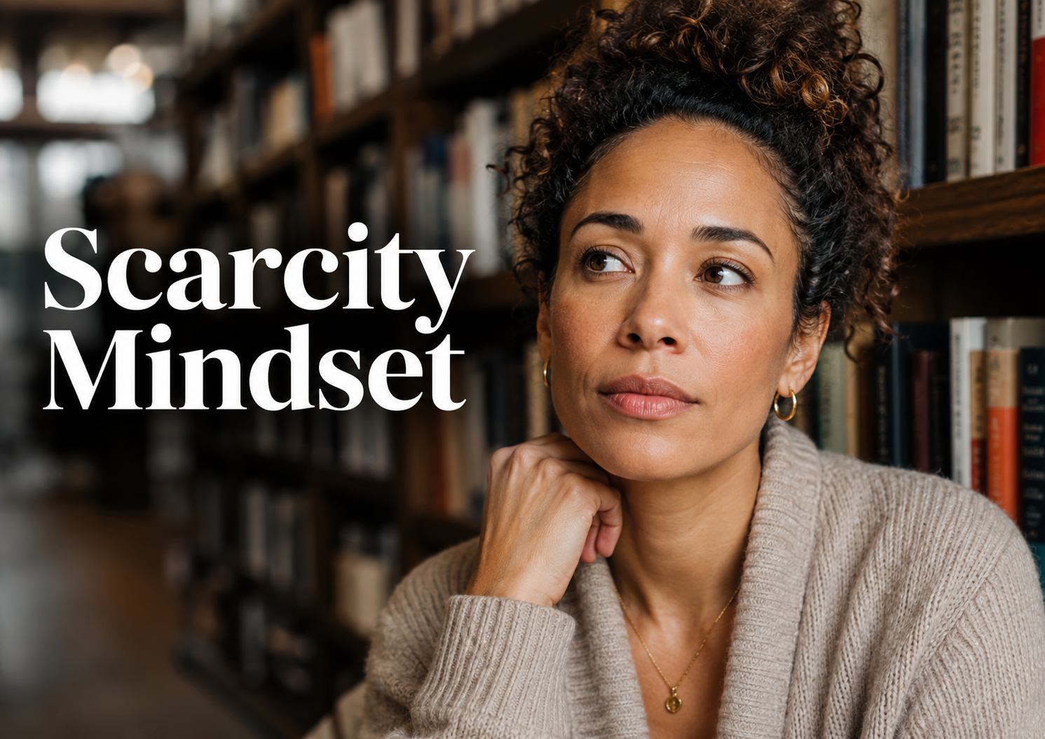 American woman in a quiet library, reflecting on scarcity mindset and the feeling of financial insecurity.