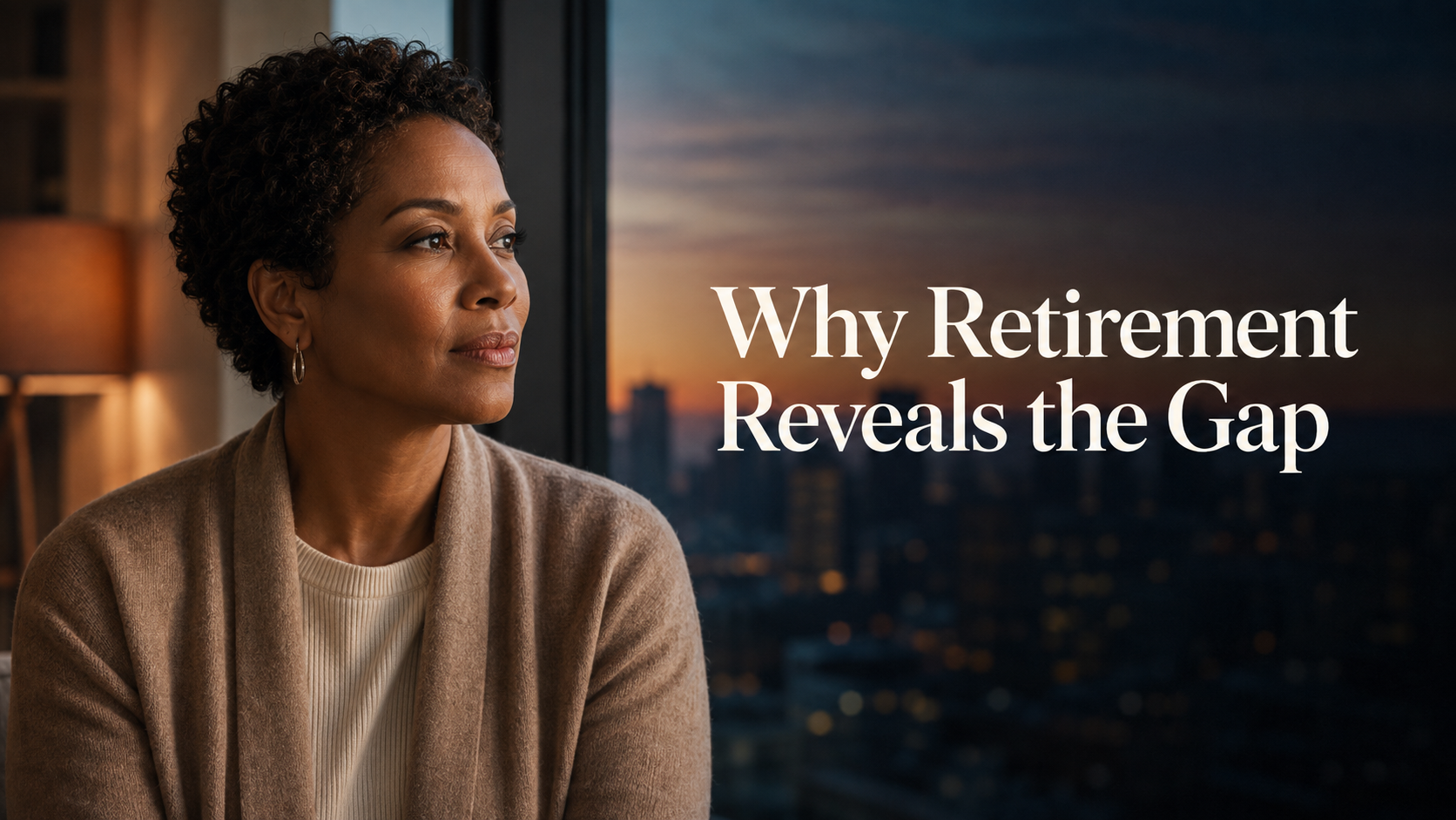 Elegant American woman near a city window reflecting on the gender wealth gap in retirement and why women retire with less money.