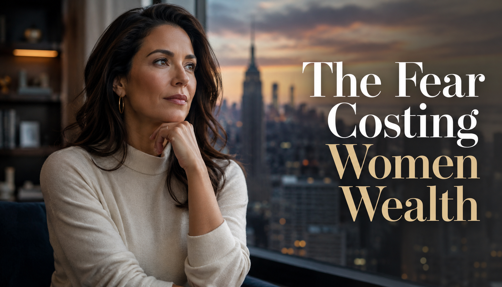 Elegant American woman reflecting on fear of investing, financial hesitation, confidence, and delayed long-term wealth growth.