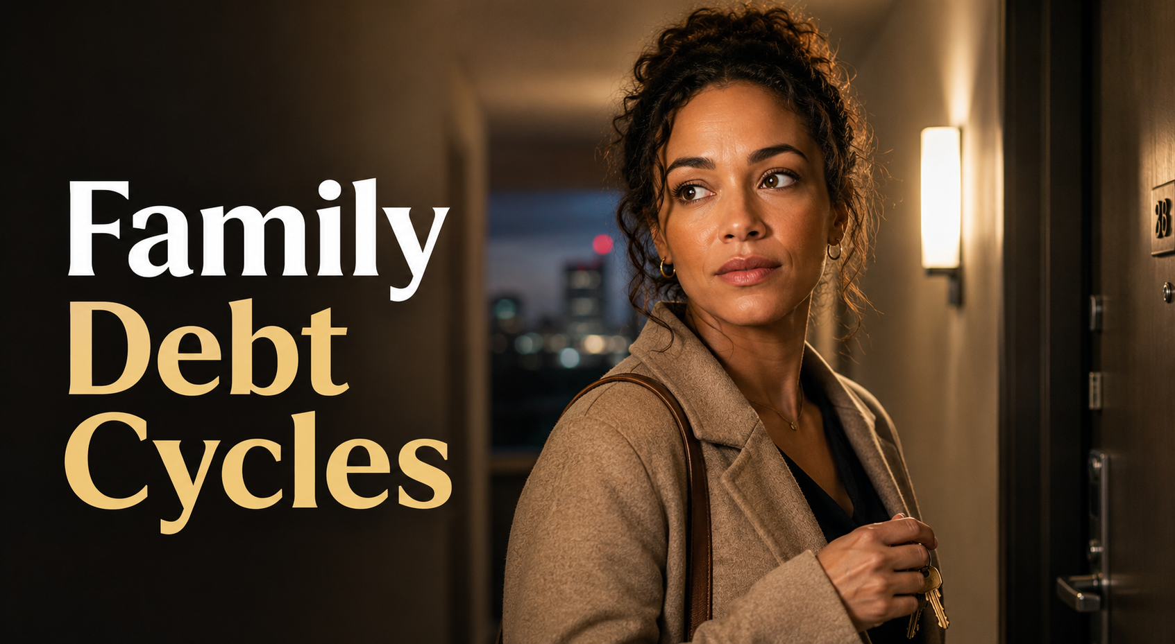 Mixed-race American woman in an apartment hallway, looking quietly aware while reflecting on family debt cycles and wealth identity.