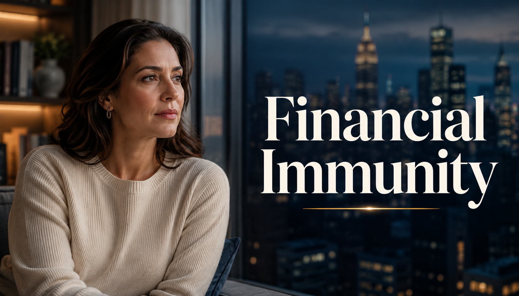 Elegant American woman reflecting on financial resilience, market volatility, investing psychology, and long-term wealth building.