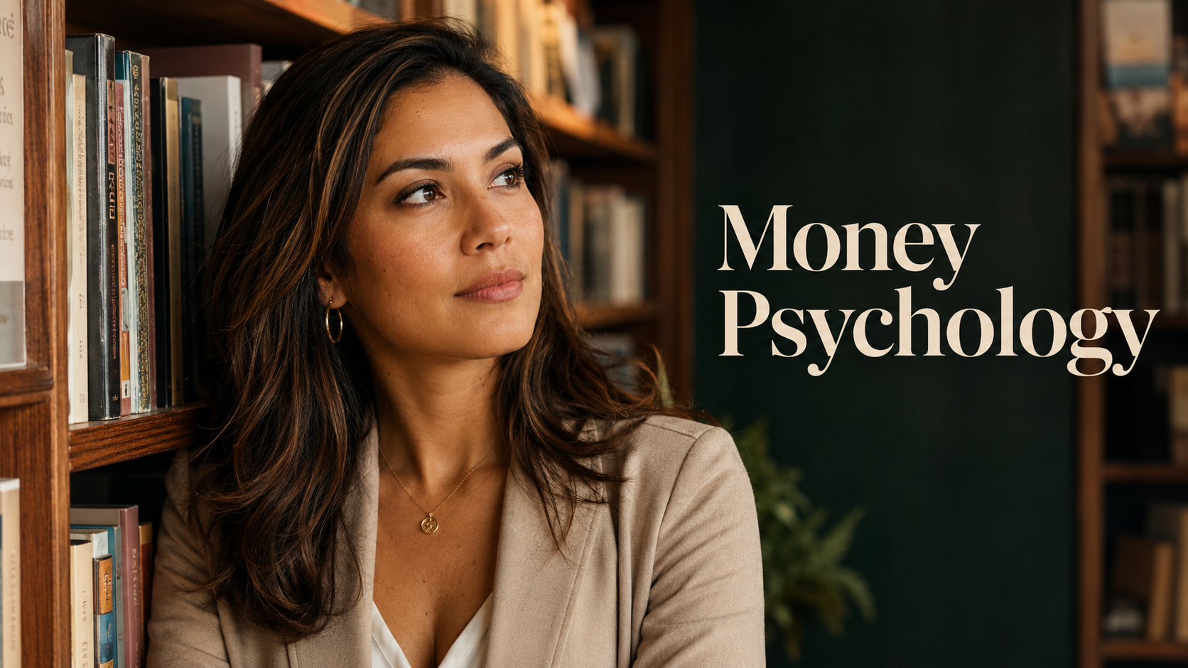 Latina-American woman in a quiet bookstore, reflecting on how emotions shape money decisions.