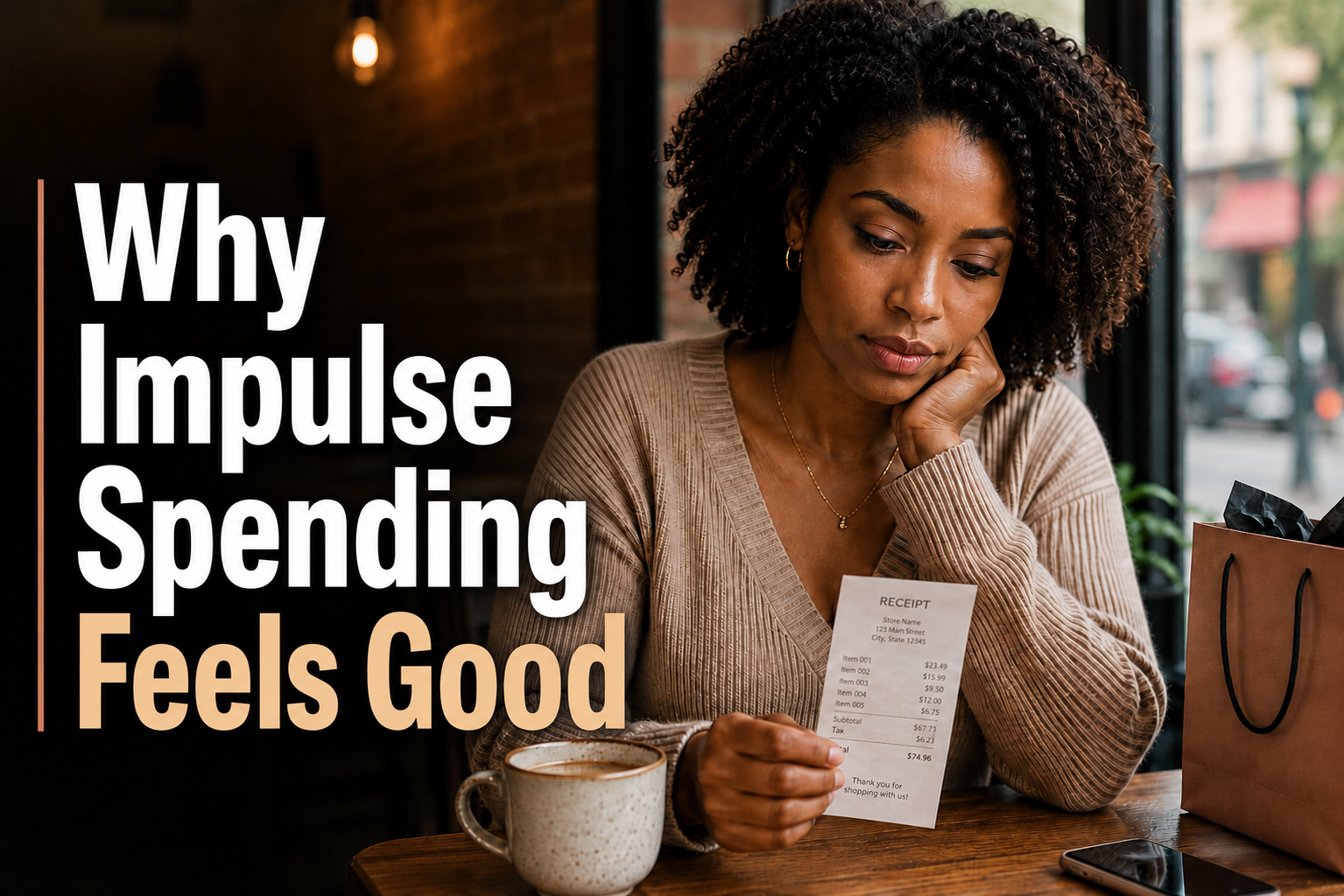 Woman sitting in a café, thoughtfully looking at a receipt beside a coffee and shopping bag, illustrating impulse spending, emotional buying, and regret.