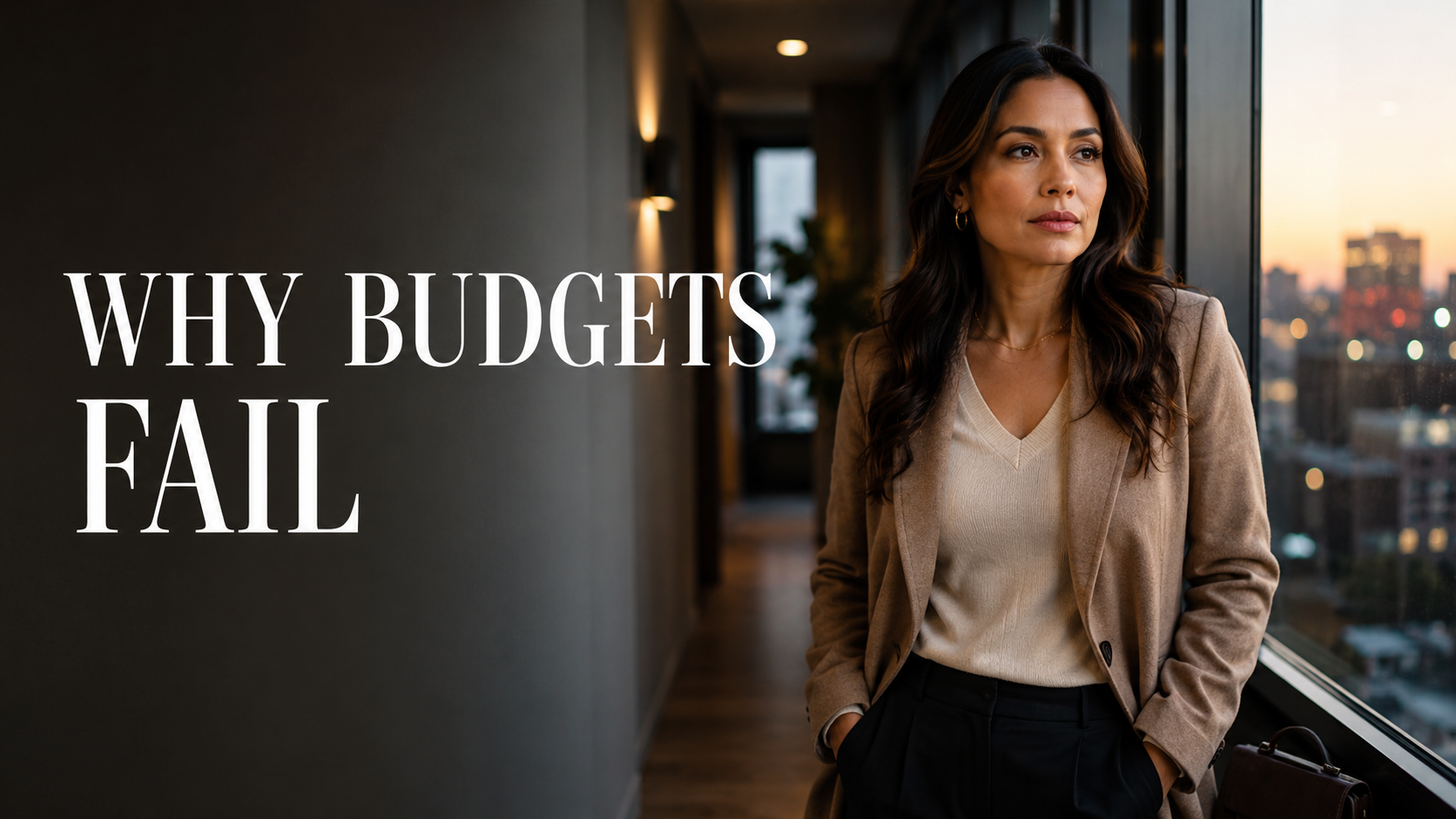 Elegant American woman reflecting on why budgets fail under emotional pressure, decision fatigue, family responsibilities, and unexpected expenses.