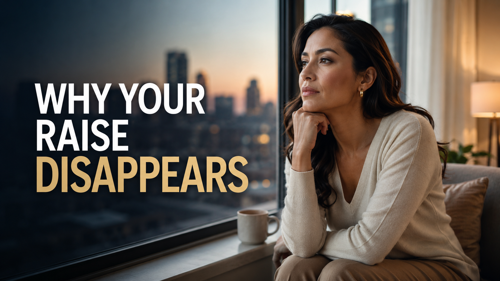Elegant American woman reflecting near a city apartment window on lifestyle inflation, persistent debt, and why salary raises disappear.