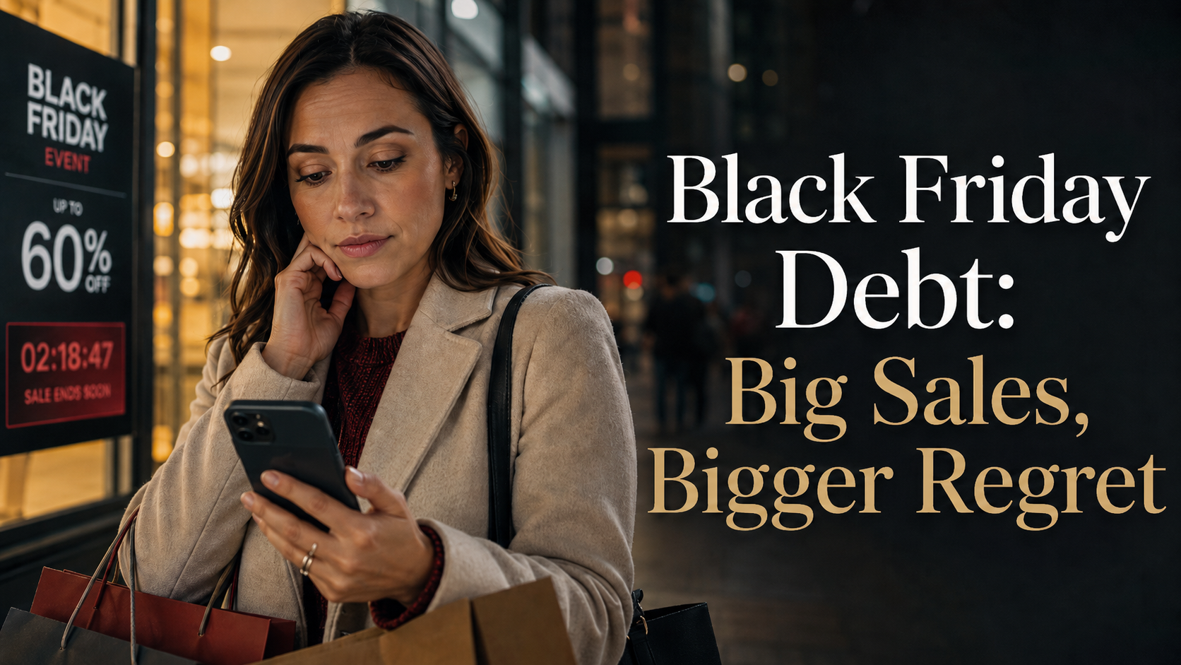 Woman holding shopping bags and a phone during Black Friday, reflecting the hidden debt risk behind big sales and easy payment.