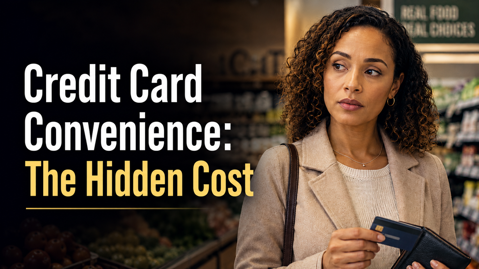 Mixed-race American woman in a grocery aisle, looking quietly concerned about the hidden cost of credit card convenience.