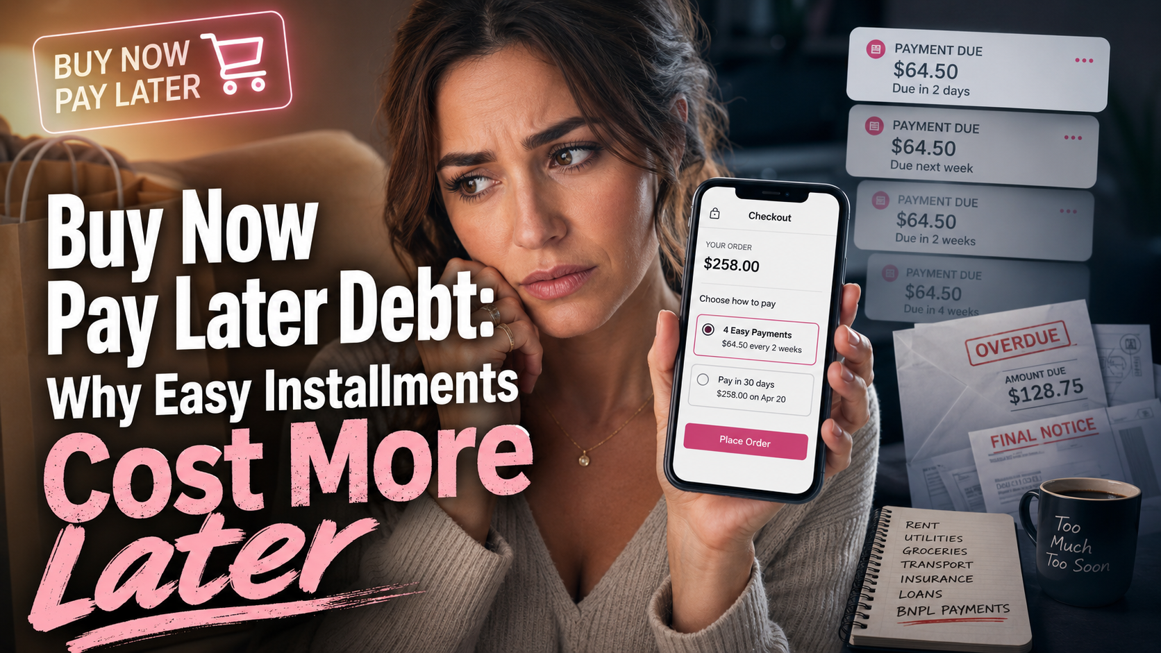 Worried woman holding a phone with Buy Now Pay Later checkout installments while payment due alerts, overdue bills, and budget notes show how easy payments can become debt later.