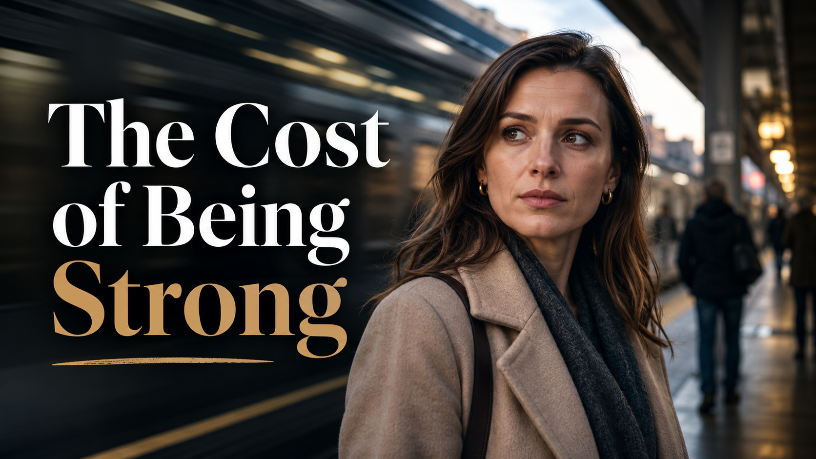 American woman on a train platform, looking quietly tense while reflecting on women’s financial stress after 2008.