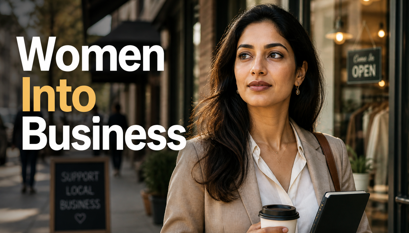 Editorial thumbnail of a thoughtful Indian-American woman in a small-business urban setting, with soft tones and the title “Women Into Business”.