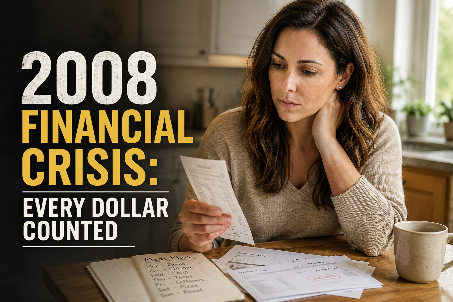 American woman at a kitchen table reviewing bills and a grocery receipt, reflecting household survival during the 2008 financial crisis.