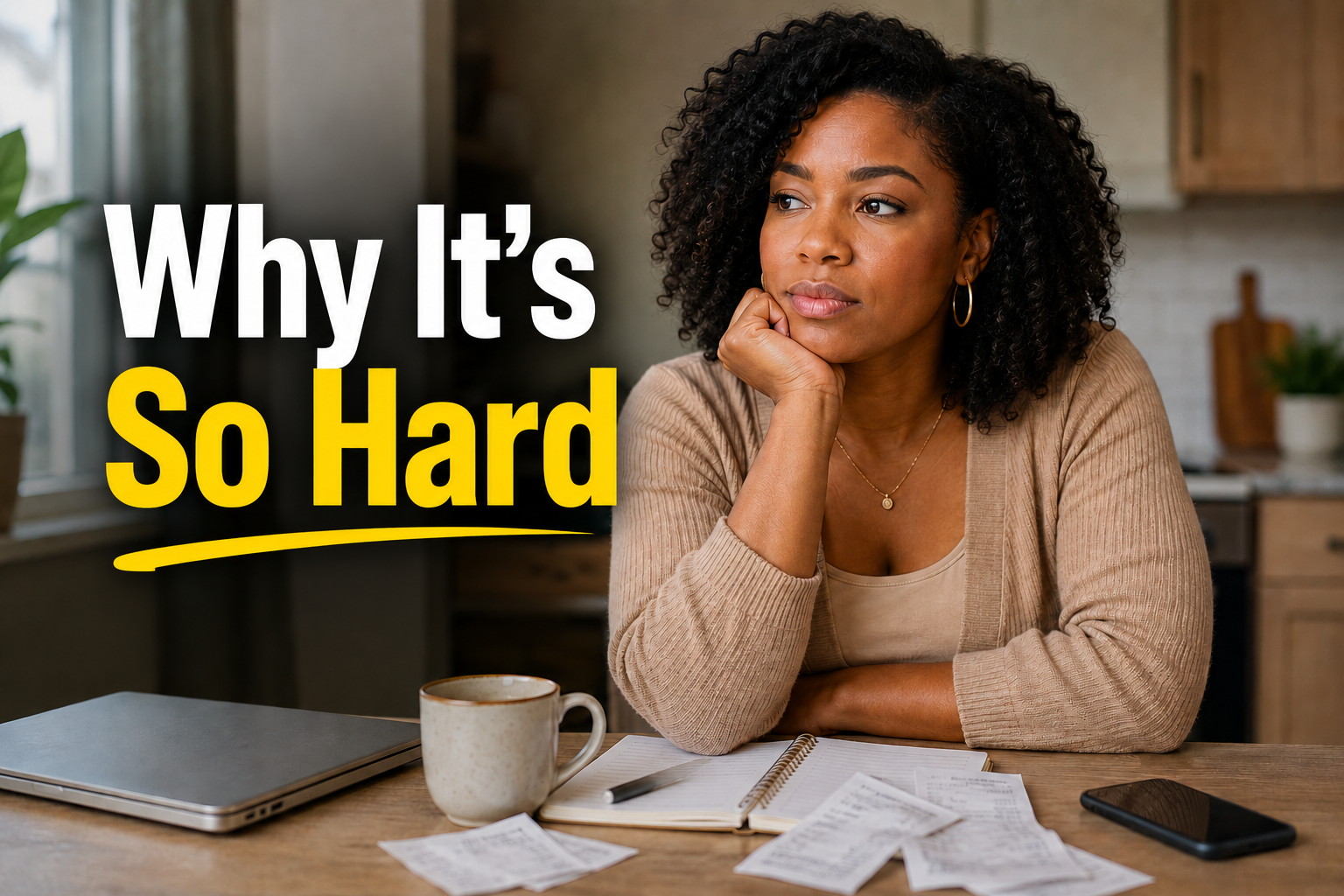 Thoughtful Black woman in a quiet kitchen, reflecting on saving money, household bills, and debt pressure.