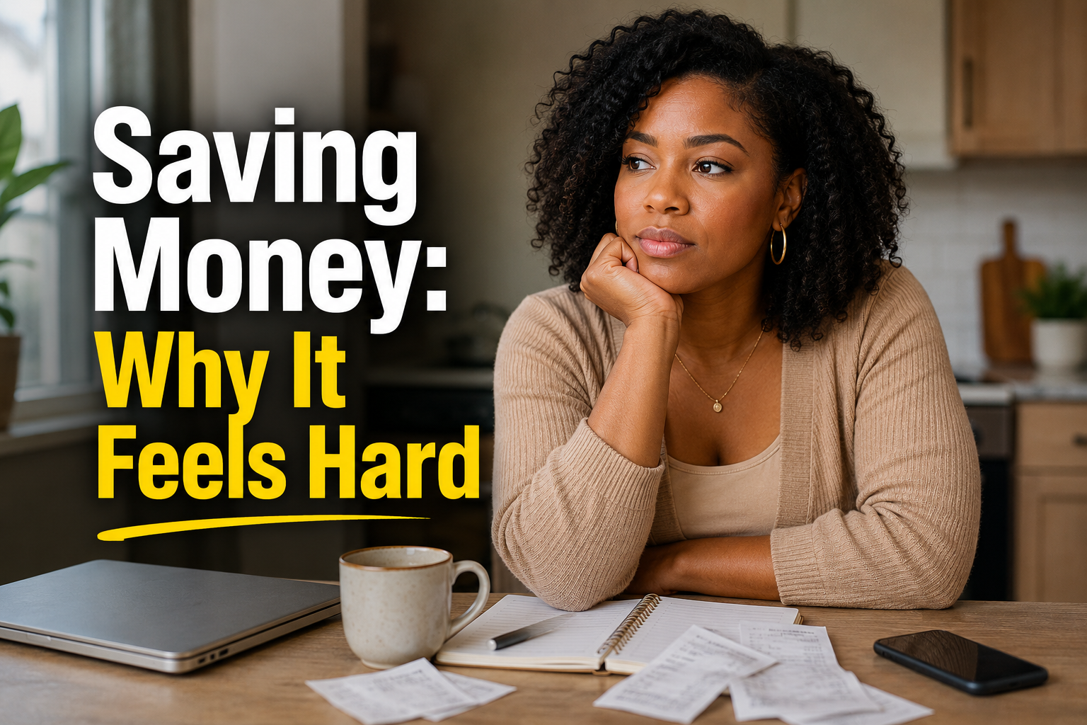 Black American woman in a quiet kitchen, looking thoughtful while reflecting on saving money and household debt pressure.