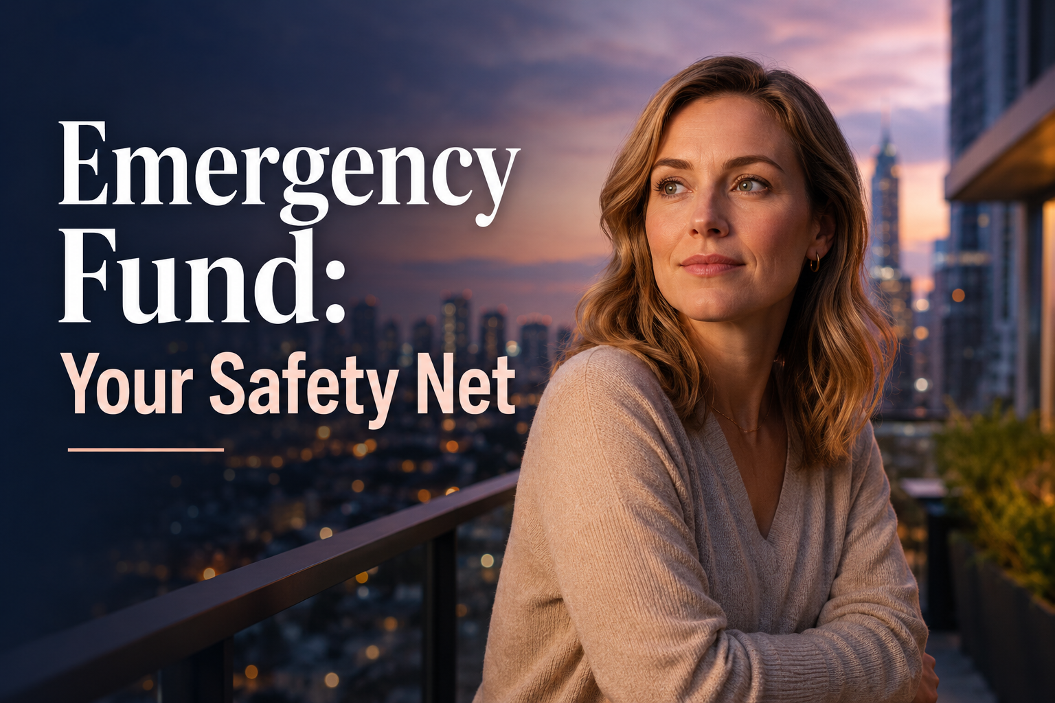 American woman on a calm city balcony, reflecting on how an emergency fund protects financial security and long-term wealth.