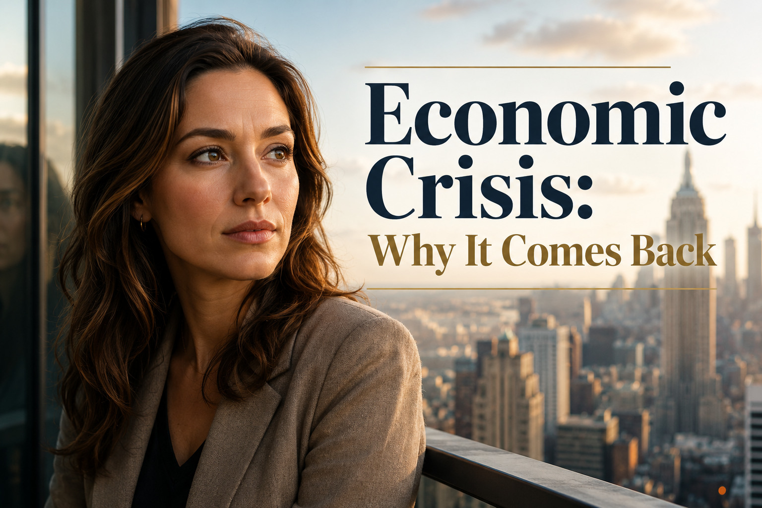 American woman on a city balcony, looking thoughtful as economic crisis cycles feel uncertain in the background.