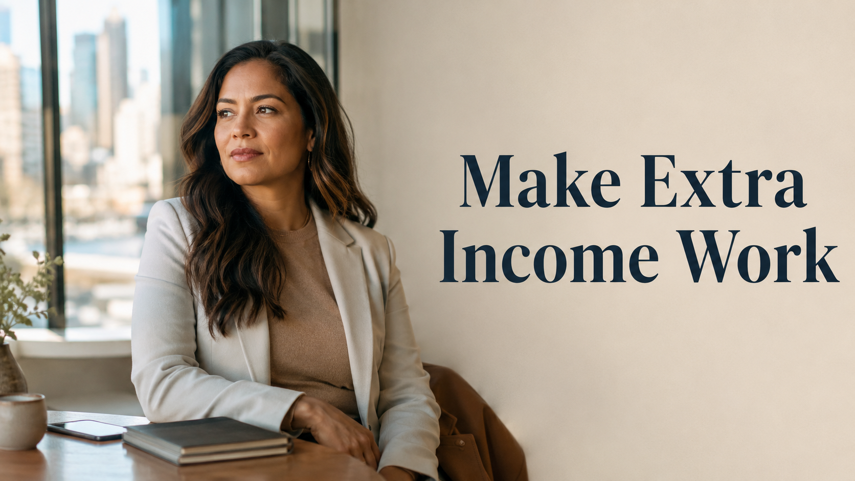 Elegant American woman reflecting on how side hustles, extra income, and financial strategy can support long-term wealth building.