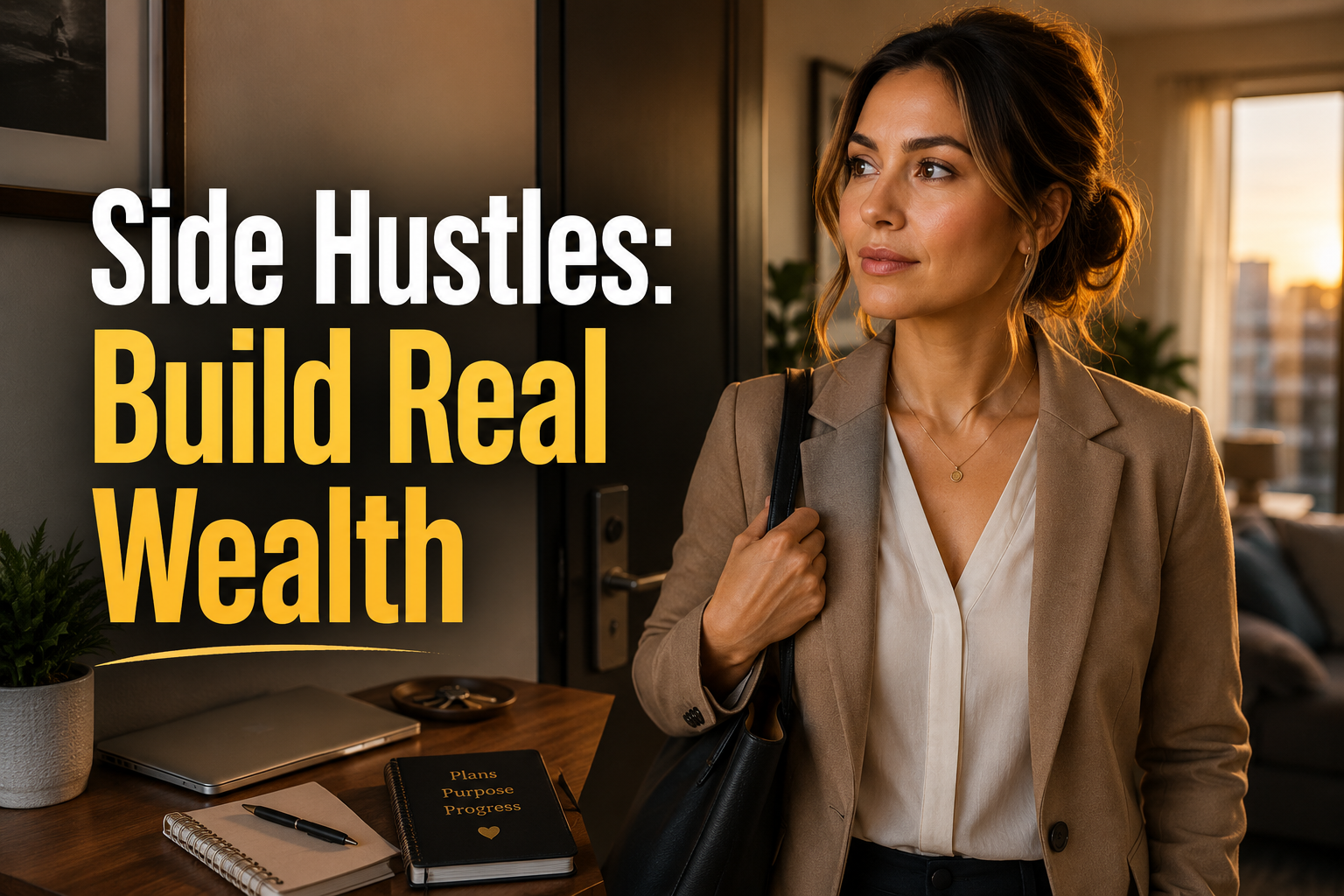 American woman in a warm apartment entryway, looking determined, reflecting how side hustles can support long-term wealth.