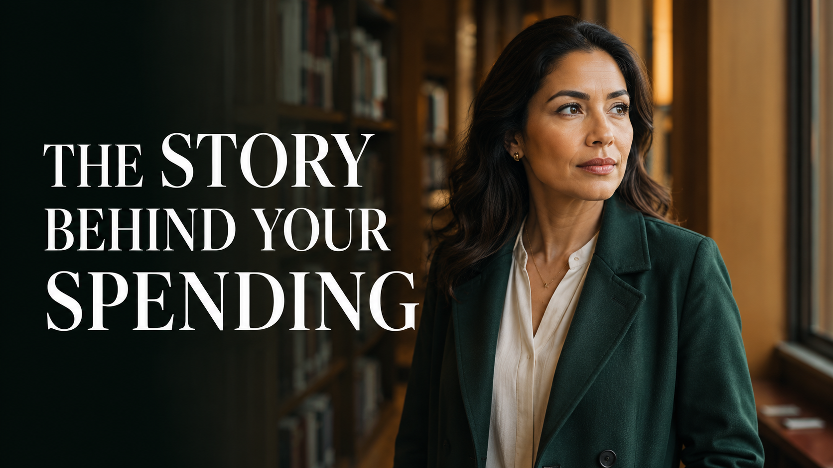 Elegant American woman in a quiet library reflecting on how money stories influence emotional spending and financial independence.