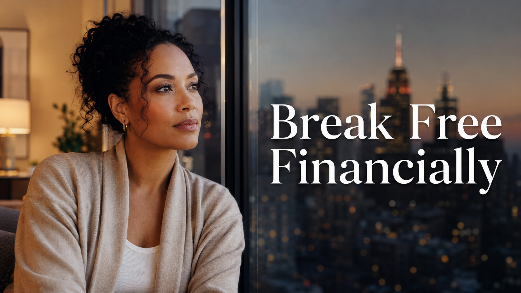 Elegant American woman near a city apartment window, reflecting on financial independence, confidence, vulnerability, and lasting freedom.