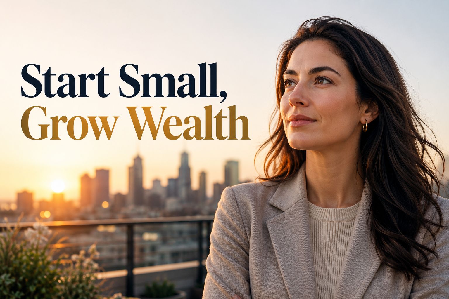 Elegant American woman on a rooftop at sunrise, reflecting on compound interest and long-term wealth building.