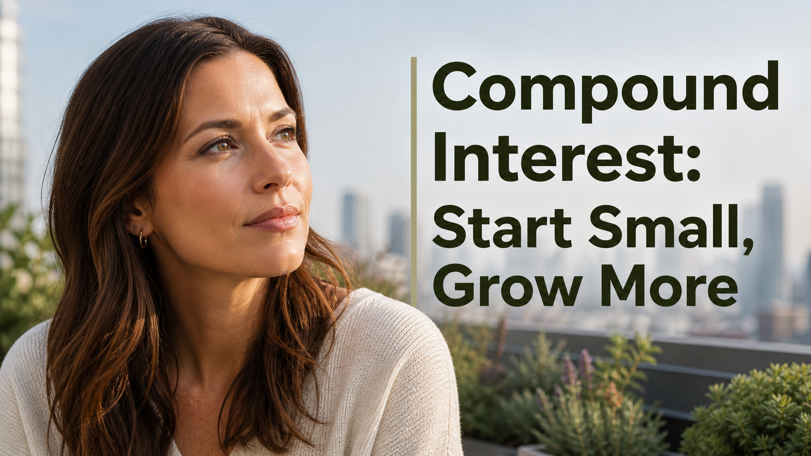 Woman in a rooftop garden, looking hopeful, reflecting long-term growth through compound interest.
