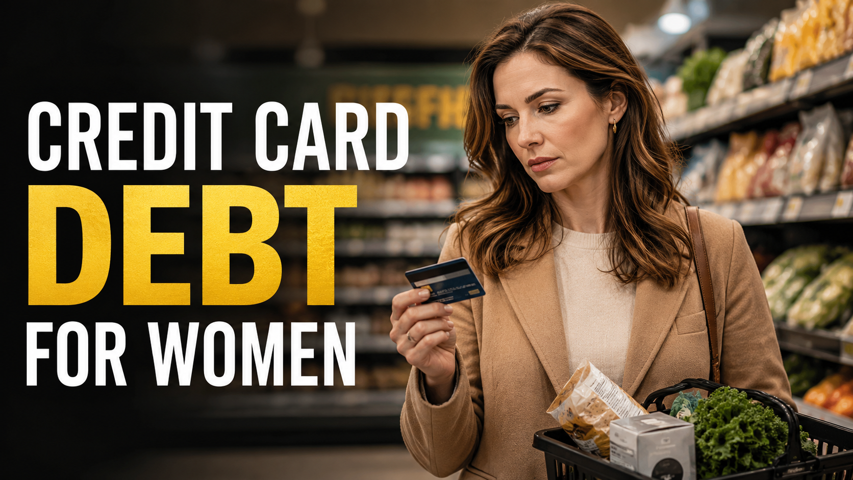 Elegant American woman in a grocery aisle holding a credit card, reflecting the pressure of credit card debt for women.