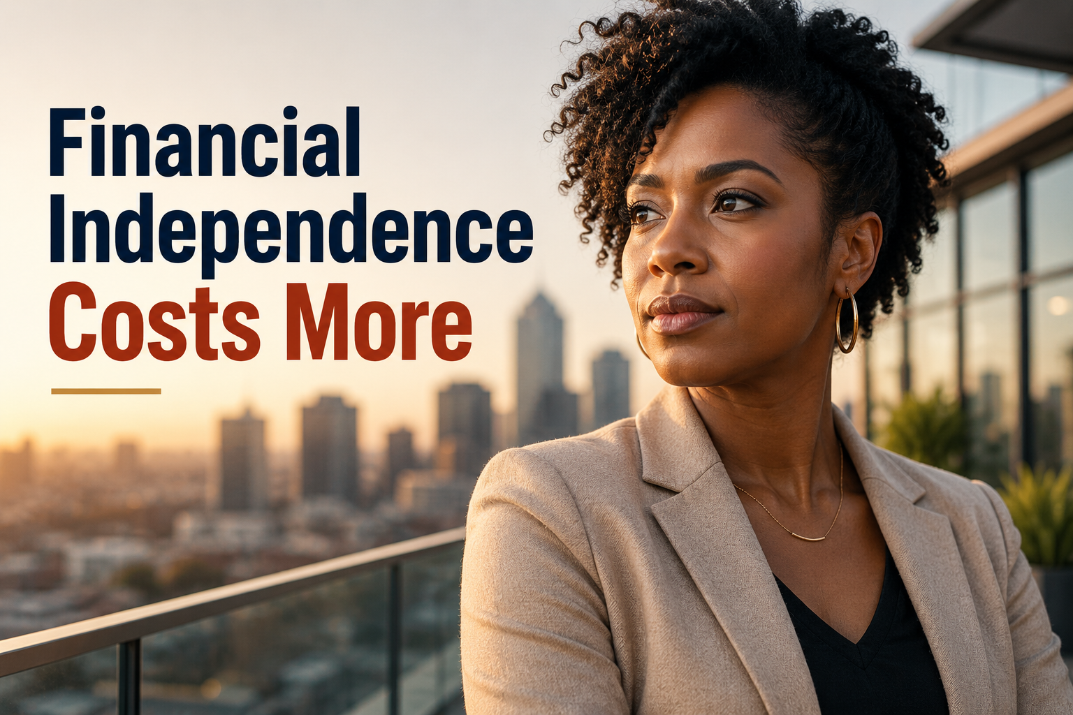 Black American woman on a city balcony, looking thoughtful and resilient, reflecting credit barriers and financial independence.