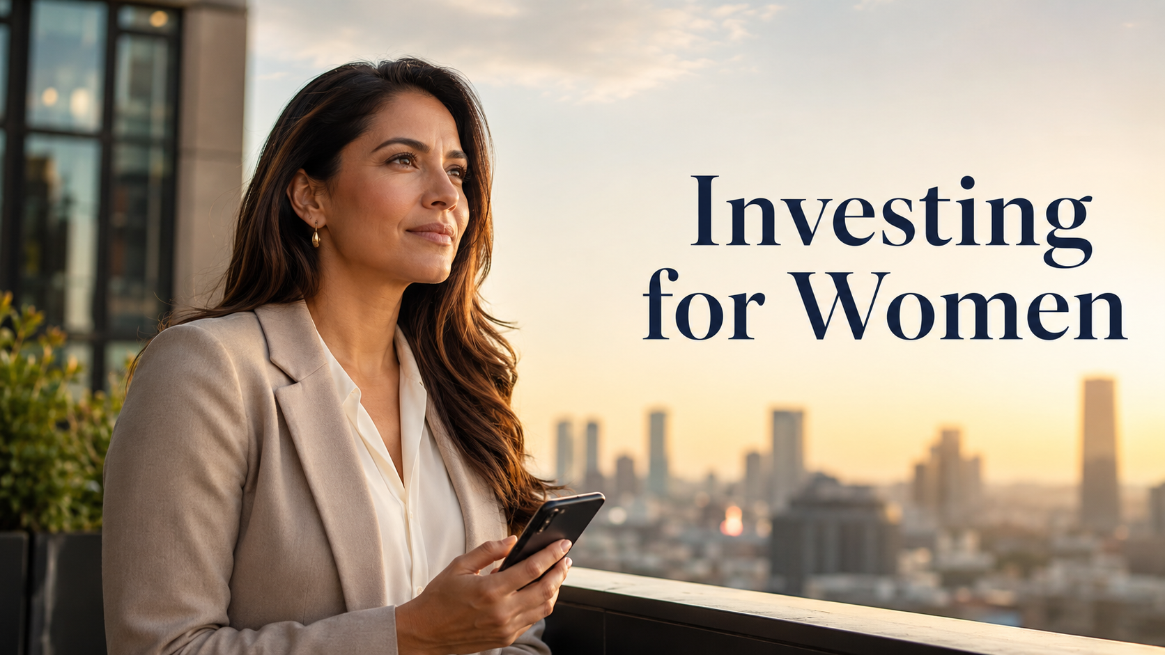 Elegant American woman holding a phone in a city setting, representing investing for women, wealth building, financial freedom, and long-term financial confidence.