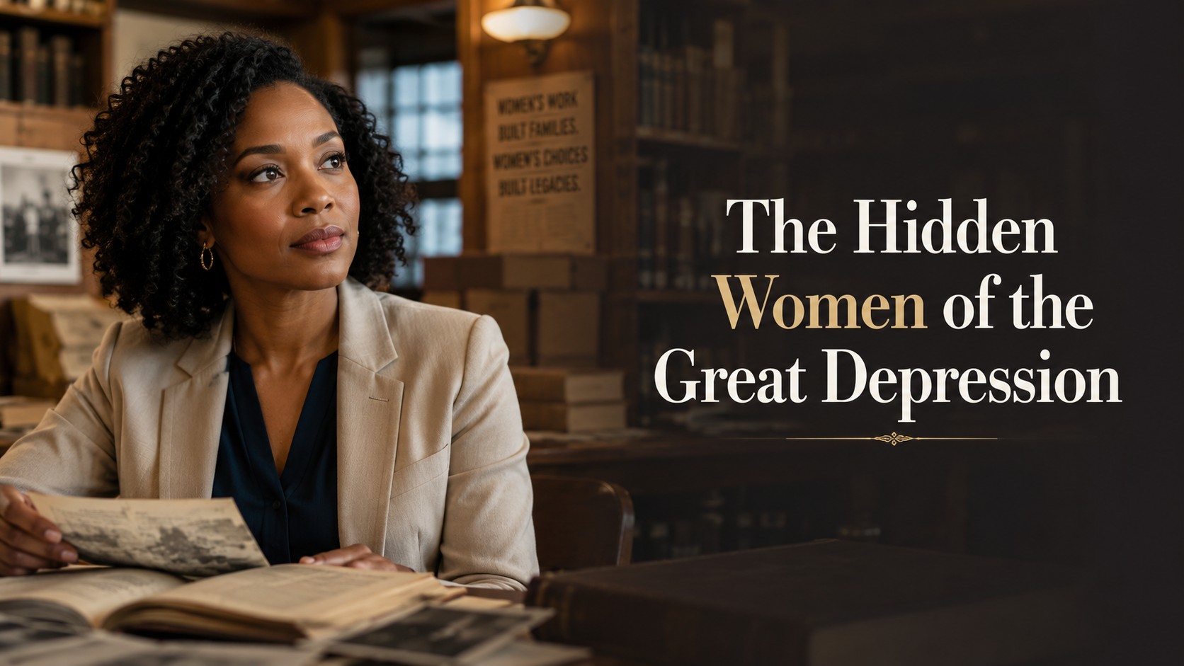 Elegant American woman in a historical library, reflecting on women’s hidden survival strategies and financial resilience during the Great Depression.
