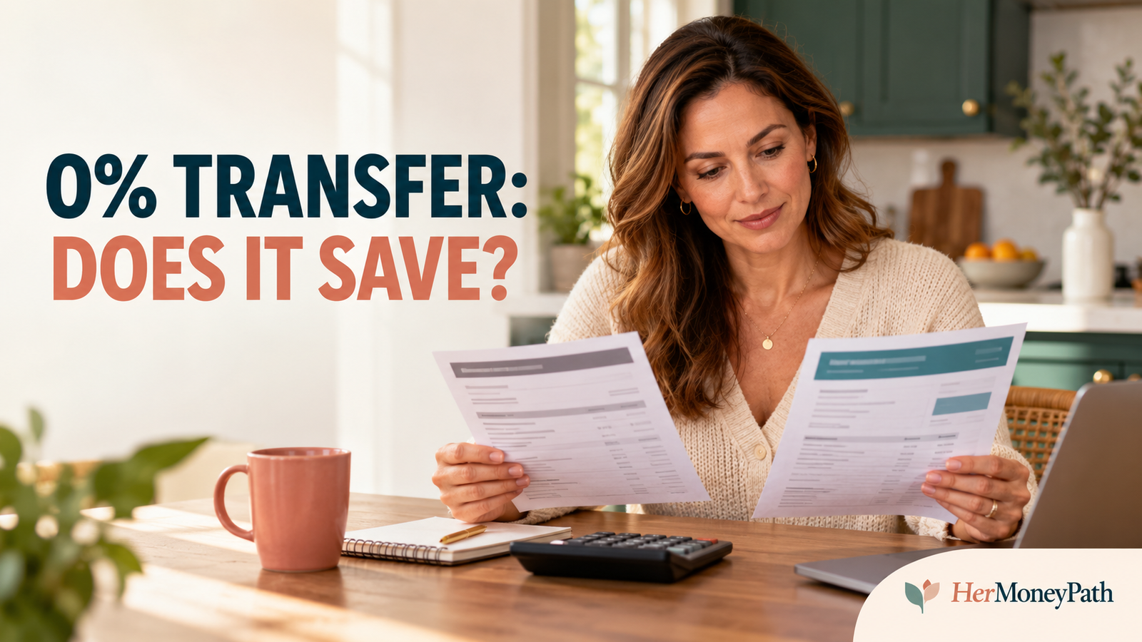 Woman comparing two financial statements at a kitchen table with a calculator; text reads “0% TRANSFER: DOES IT SAVE?”