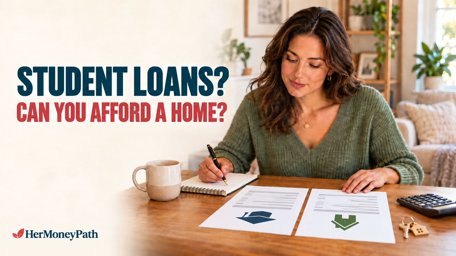 Woman comparing student loan documents and a first-home budget at her desk, with the headline “Student Loans? Can You Afford a Home?”