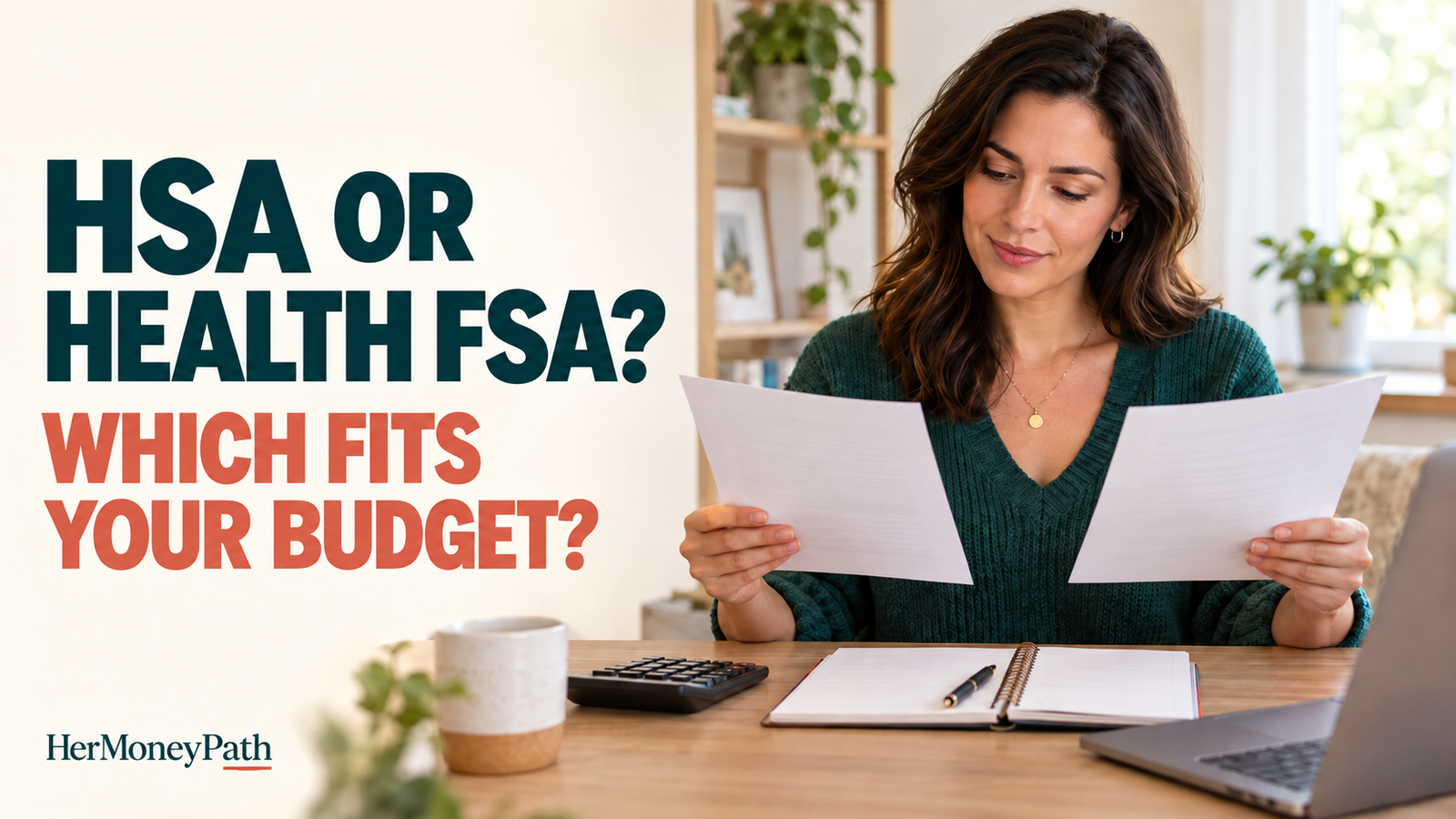 Woman in her late 30s at a tidy home desk comparing two benefits documents during open enrollment, with calculator, notebook and laptop beside her, next to the headline “HSA OR HEALTH FSA? WHICH FITS YOUR BUDGET?”