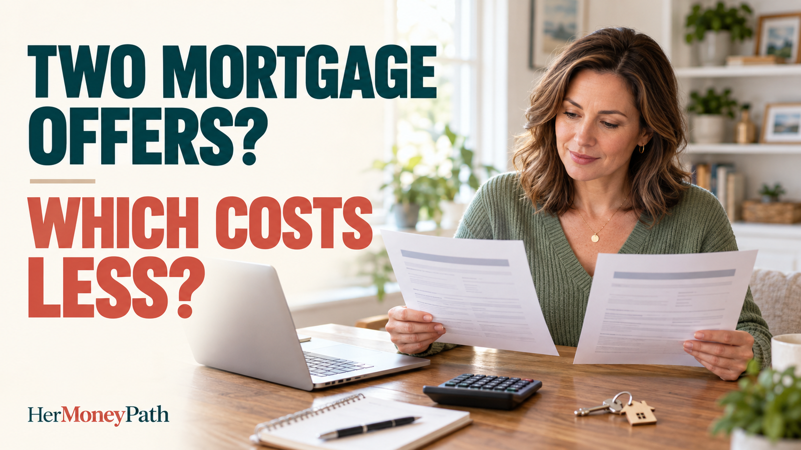 Woman comparing two mortgage offers at a home desk with a calculator, laptop, and house keys, beside the text “Two Mortgage Offers? Which Costs Less?