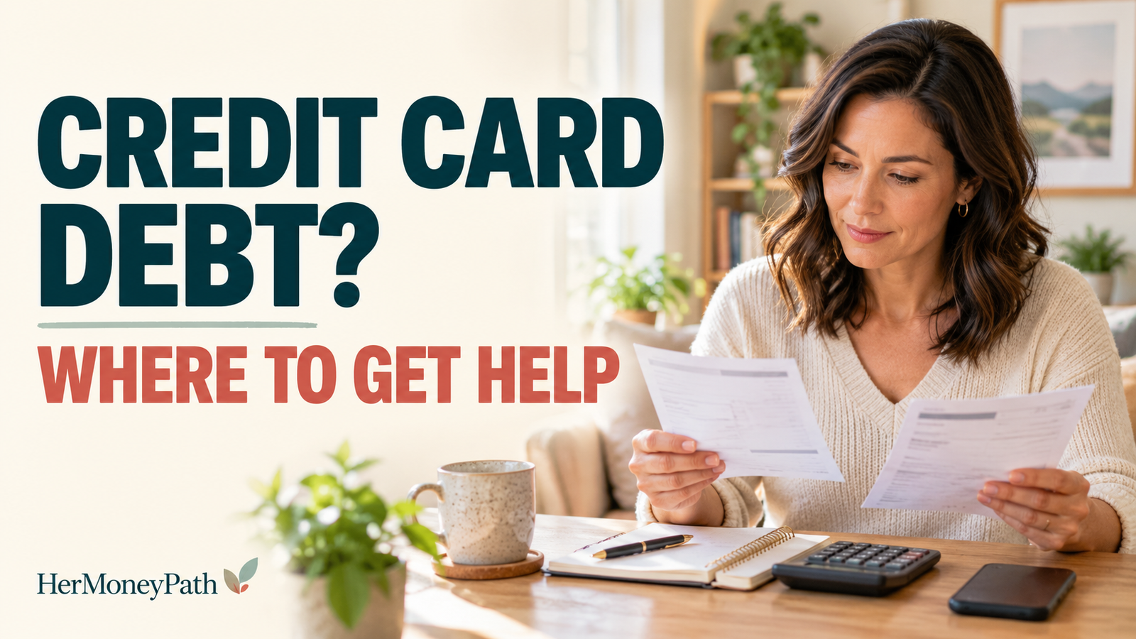 Woman reviewing credit card statements at home with a calculator and notebook, beside the headline “Credit Card Debt? Where to Get Help.”