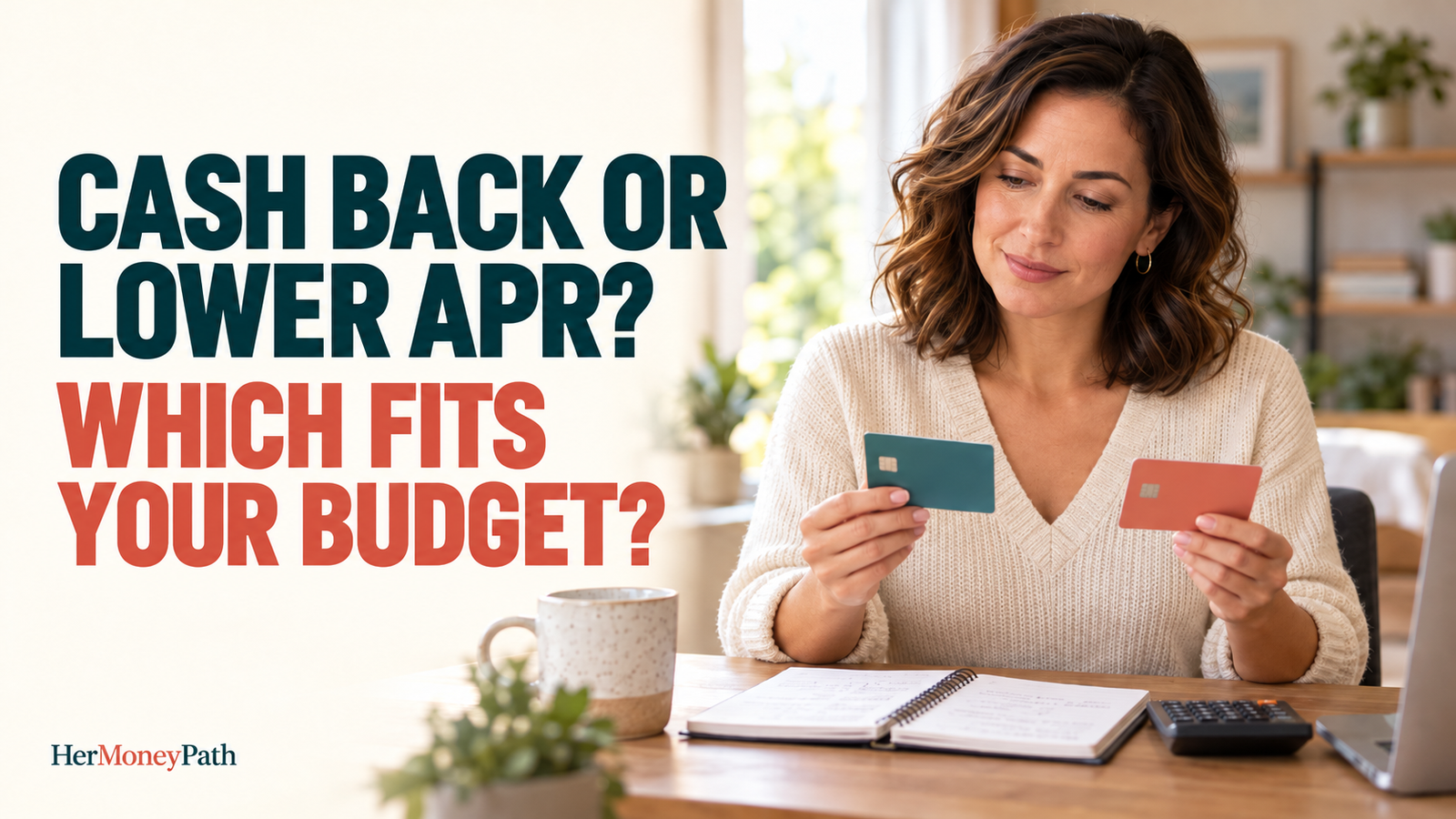 Woman in her late 30s comparing two generic credit cards at a home desk with a budget notebook and calculator, beside the headline “Cash Back or Lower APR? Which Fits Your Budget?”