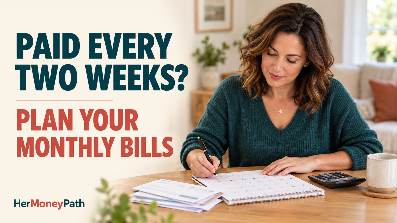 Woman planning a biweekly budget for monthly bills using a calendar and calculator.