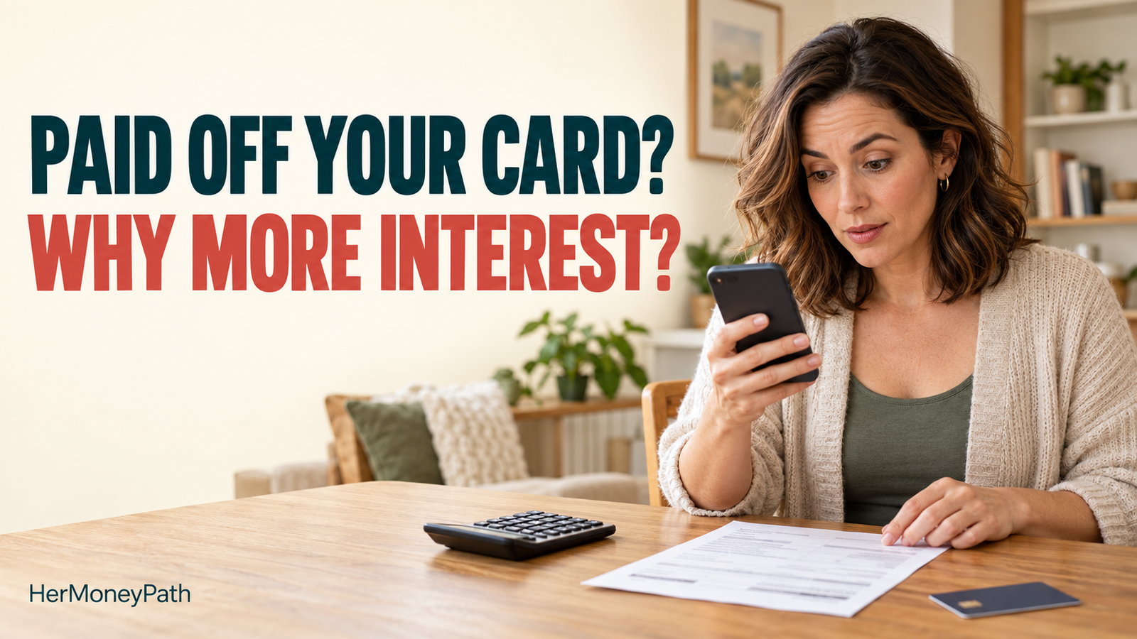 Woman reviewing a credit card statement and wondering why she was charged interest after paying off her credit card.