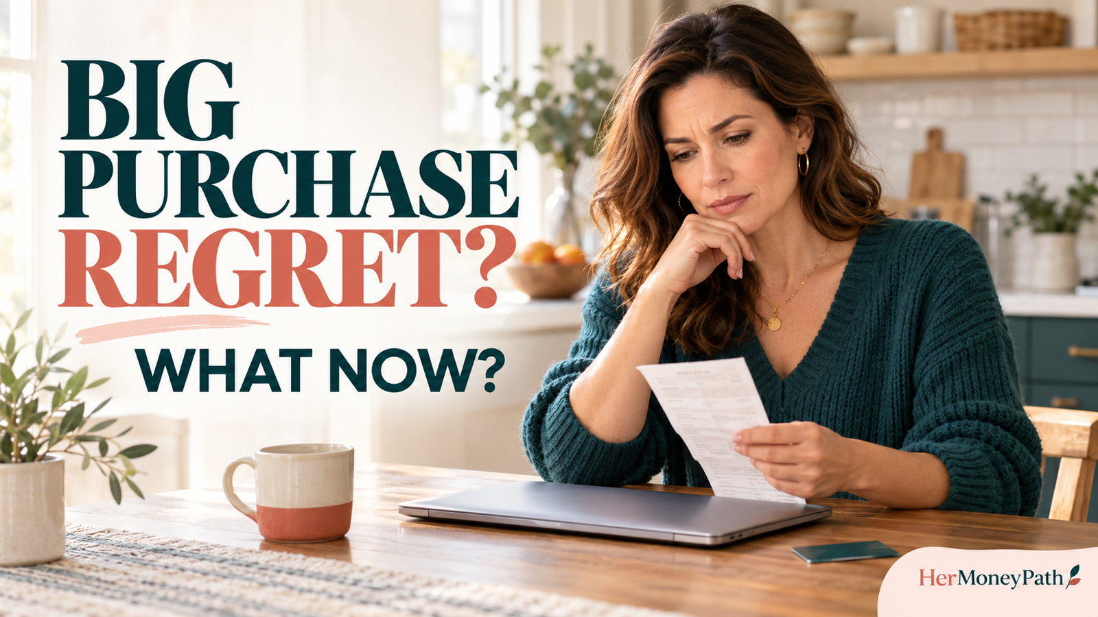 Woman reviewing a receipt beside a closed laptop and credit card after regretting a big purchase.